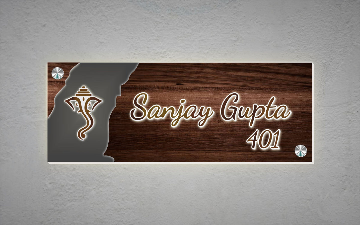 Sanjay Gupta Wooden Texture Ganesha LED Name Plate